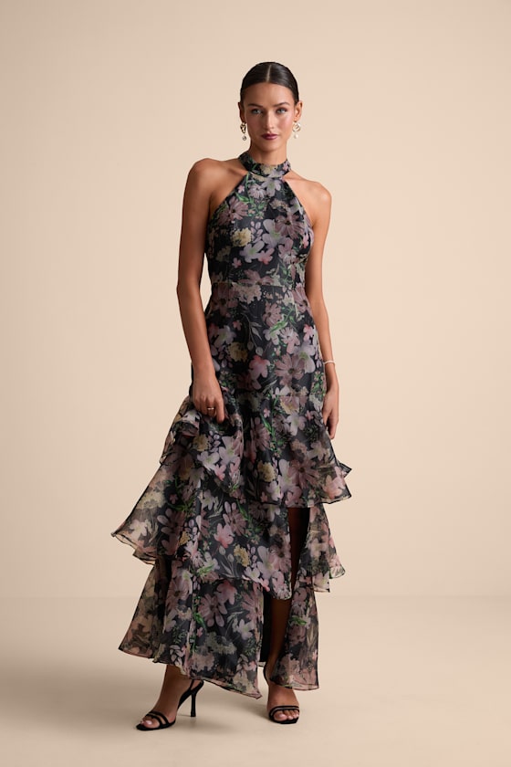 Forever Exceptional Black Floral Halter Organza Maxi Dress