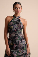 Forever Exceptional Black Floral Halter Organza Maxi Dress