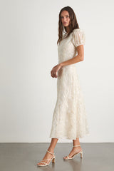 Elfrieda Cream Floral Embroidered Puff Sleeve Midi Dress
