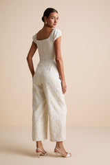 New Glam Cream Floral Jacquard Bustier Off-the-Shoulder Jumpsuit