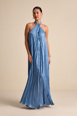 Gelsey Dusty Blue Pleated Halter Shift Maxi Dress