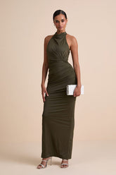 Seraiah Olive Green Knotted Ruched Halter Maxi Dress