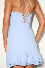 Nihira Light Blue Tiered Lace-Up Mini Dress
