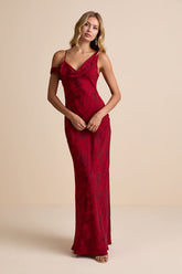 Minnie Red Satin Jacquard Asymmetrical Maxi Dress