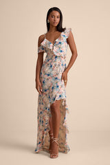 Venecia Blush Floral Ruffled Asymmetrical Maxi Dress