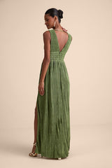 Melitta Olive Green Plisse Sash Maxi Dress