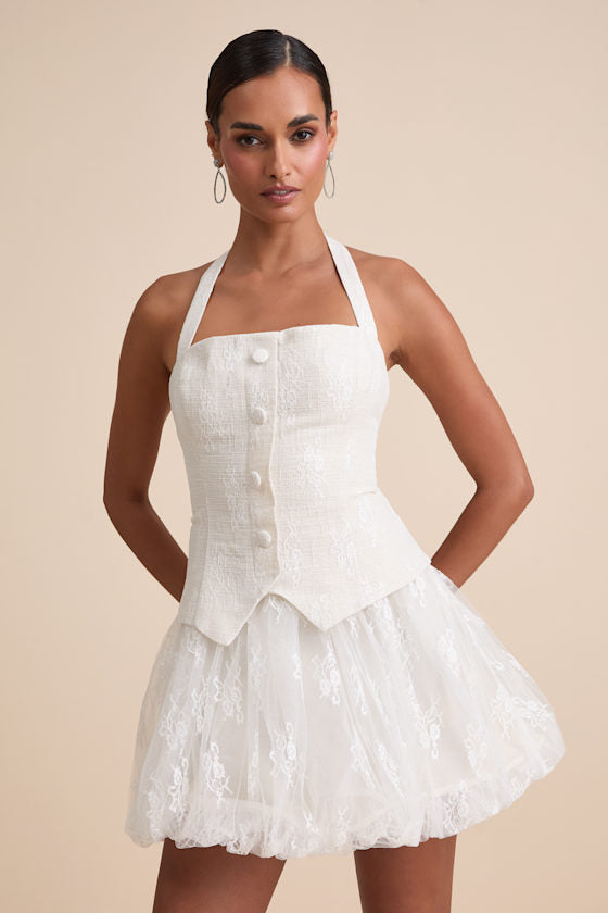 Ottoline Ivory Mixed-Media Bubble-Hem Halter Mini Dress