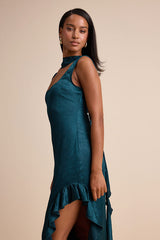 Adelise Teal Green Satin Ruffled Sash Scarf Maxi Dress