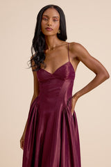 Paride Shiny Plum Gathered Lace-Up Midi Dress