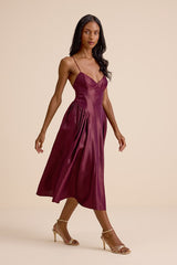 Paride Shiny Plum Gathered Lace-Up Midi Dress