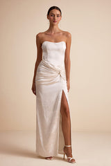 Whitney Ivory Jacquard Strapless Twist-Front Maxi Dress