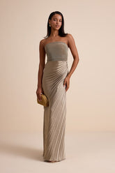Nyrah Taupe Satin Pleated Strapless Maxi Dress