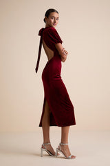 Fabulous Intuition Burgundy Velvet Backless Column Midi Dress