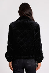 Fayda Black Velvet Quilted Collared Bomber Jacket