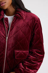 Fayda Burgundy Velvet Quilted Collared Bomber Jacket
