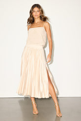 Sophisticated Vision Champagne Satin Pleated Midi Skirt