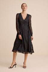 Evening of Elegance Black Floral Jacquard Wrap Midi Dress