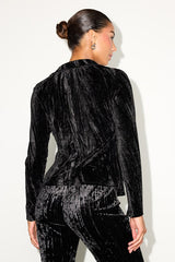 Saelora Black Crushed Velvet Clasp-Front Long Sleeve Top