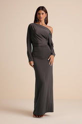 Valani Charcoal Jersey Knit Asymmetrical Long Sleeve Maxi Dress