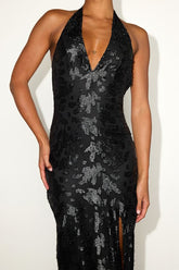 Rosaria Black Burnout Lurex Backless Halter Midi Dress