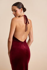 Emelina Wine Red Velvet Halter Maxi Dress