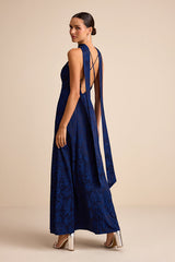 Mahira Navy Satin Jacquard Surplice Sash Scarf Maxi Dress