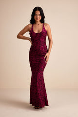 Renissa Burgundy Burnout Velvet Backless Mermaid Maxi Dress