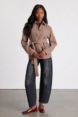 Kimley Beige Multi Plaid Belted Collared Jacket