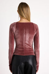 Tati Dark Mauve Velvet Surplice Long Sleeve Top