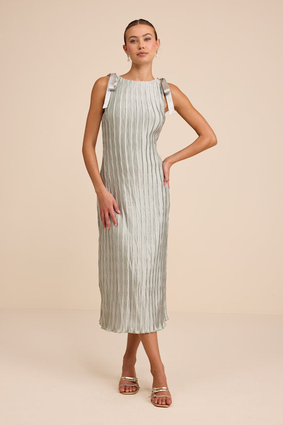 Nuala Sage Green Pleated Sleeveless Bow Midi Dress