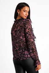 Embry Black Paisley Print Lurex Ruffled Button-Front Top