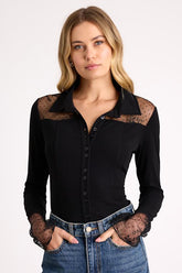 Wynette Black Sheer Embroidered Button-Up Top