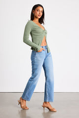 Myron Sage Ribbed Knit Twist-Front Long Sleeve Top