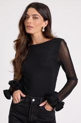 Vassana Black Mesh Cowl Back Long Sleeve Top