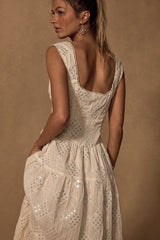Antionette Cream Embroidered Sequin Button-Front Midi Dress