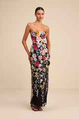Macario Black Multi 3D Floral Embroidered Strapless Maxi Dress