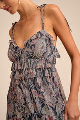 Teomara Navy Paisley Print Lurex Tie-Strap Maxi Dress
