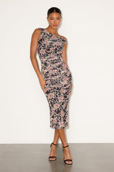 Mizela Black Floral Mesh One-Shoulder Midi Dress