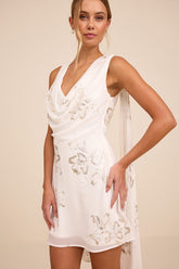 Sidonia White and Gold Floral Cowl Sash Mini Dress