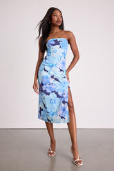 Bold Tendencies Blue Floral Strapless Cutout Midi Dress