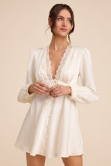 Goldia Ivory Satin Long Sleeve Babydoll Mini Dress