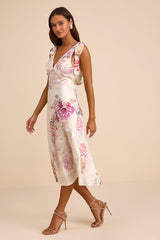 Zoella Ivory Floral Satin Tie-Strap Midi Dress