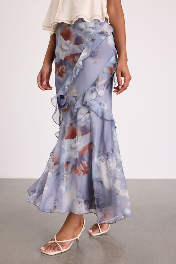 Breelyn Dusty Lavender Floral Ruffled Midi Skirt