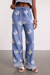 Havana Blue Embroidered Drawstring Wide-Leg Pants