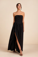 Marilou Black Strapless Ruched Lace-Up Maxi Dress