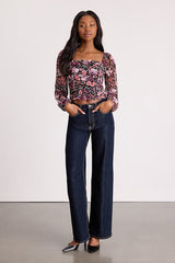 Mood Setter Black and Purple Floral Print Ruched Long Sleeve Top