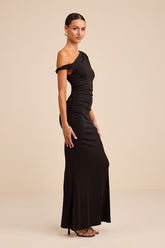 Oriella Black Asymmetrical Ruched Mermaid Maxi Dress