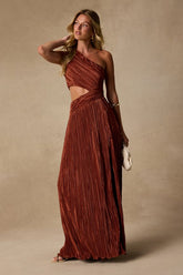 Rocca Rust Plisse Pleated Cutout One-Shoulder Maxi Dress
