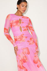 Alexius Pink Floral Mesh Cutout Long Sleeve Maxi Dress