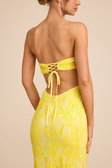 Shimmering Icon Yellow Sequin Lace-Up Strapless Maxi Dress